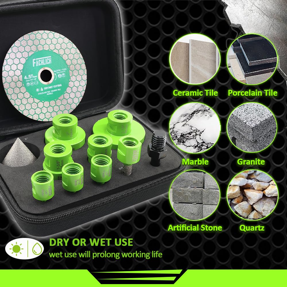 FACHLICH 3 inch Diamond Blade and Tile Hole Saw Kit Diamond - FACHLICH 11pcs 2-1/2" Diamond Core Drill Bits Set and 4.5" Diamond Cutting Grinding Blade