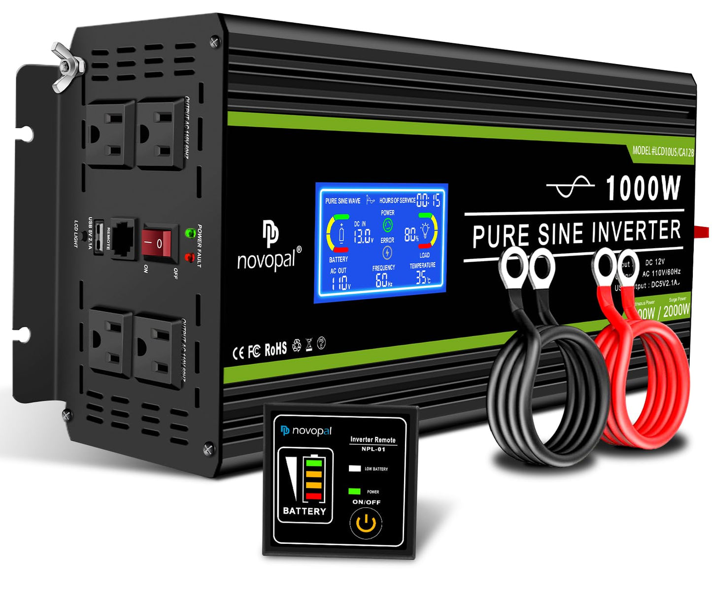 Novopal 1000 Watt Pure Sine Wave Power Inverter 12V DC to 110V/120V AC Converter- 4 AC Outlets Car Inverter with 1 USB Port-16.4 feet Remote Control,Two Cooling Fans and LCD Display Black