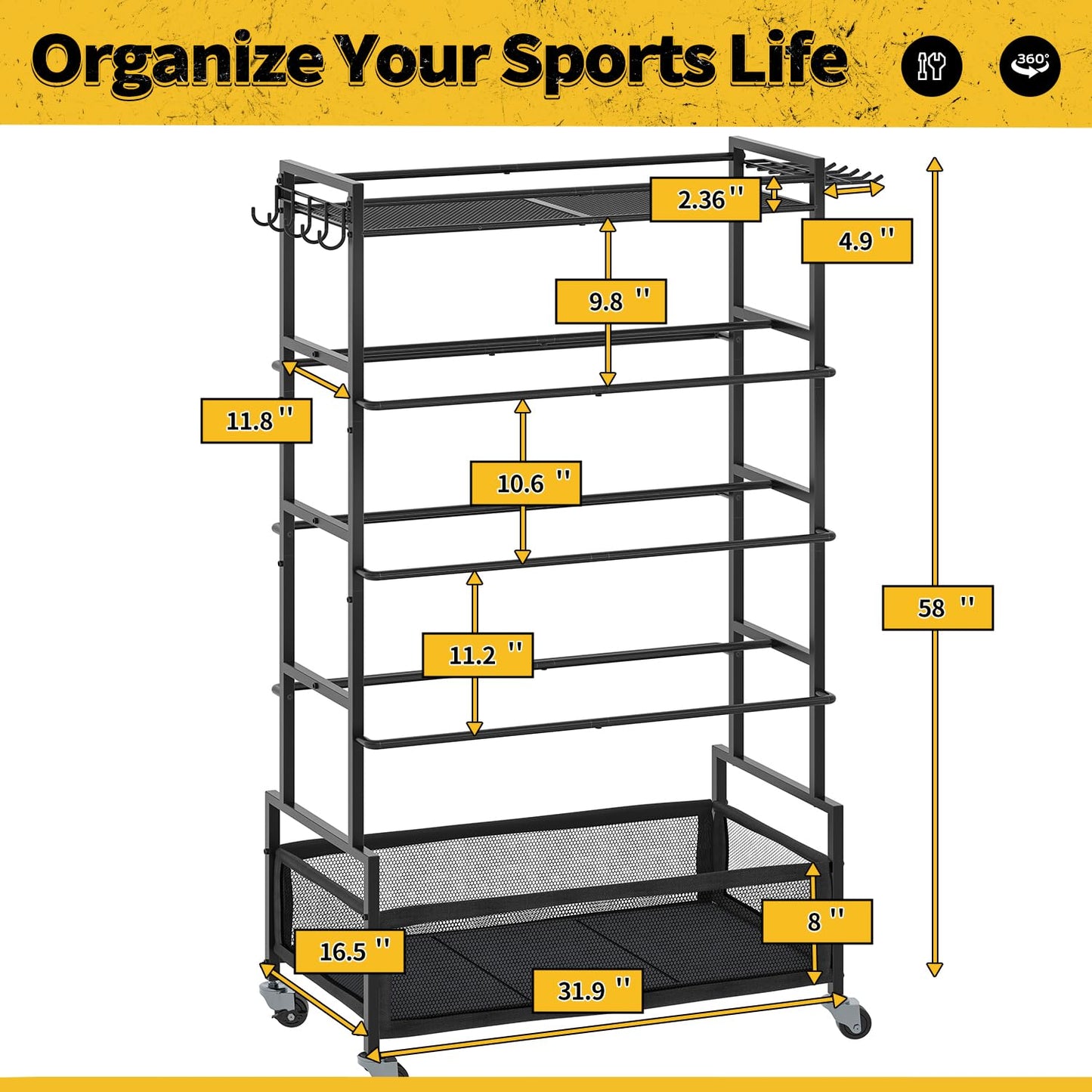 SOYEEZE Garage Sports Equipment Organizer-Large 5 Layer Ball Storage, Basketball Stand Holder, Outdoor toy storage, Baseball Bat Rack, Rolling Ball Cart with Hooks and Wheels for Indoor/Outdoor Use