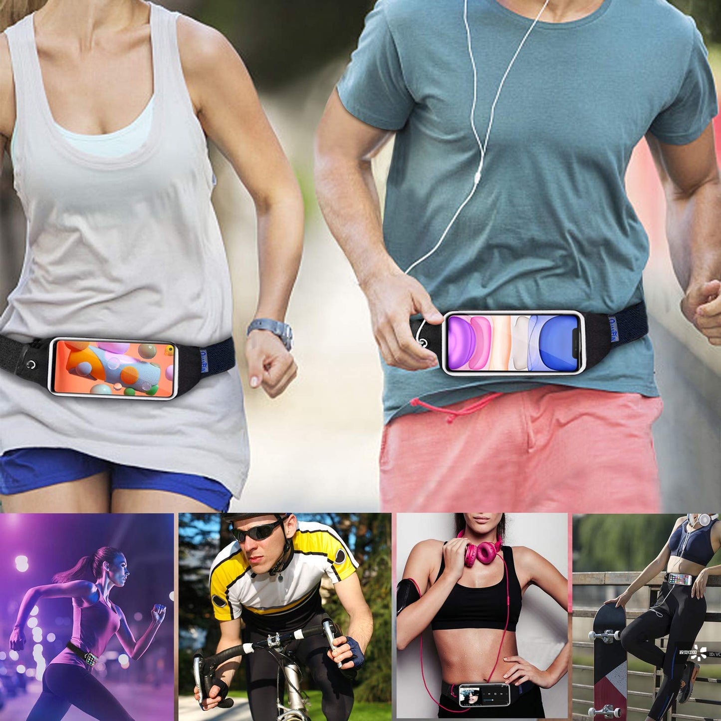 QUANFUN Running Belt for Women Men, Fanny Pack, Belt Bag, Money Belt, Waterproof Workout Waist Pouch Phone Holder with Touchscreen, Gym Running Gift Gear Accessories fits Phones UP to 6.5", Black