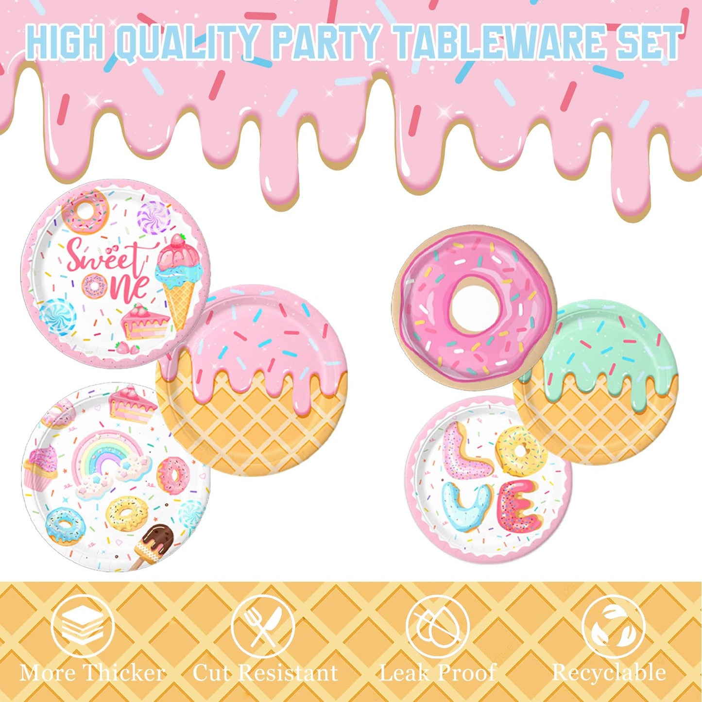 Sweet One Birthday Party Decorations Includes Plates, Napkins, Cups, Cutlery, Cake & Cupcake Toppers, Banner, Hanging Swirls, Tablecloth, Balloons for Girl Donut First Birthday Decorations, Serve 24