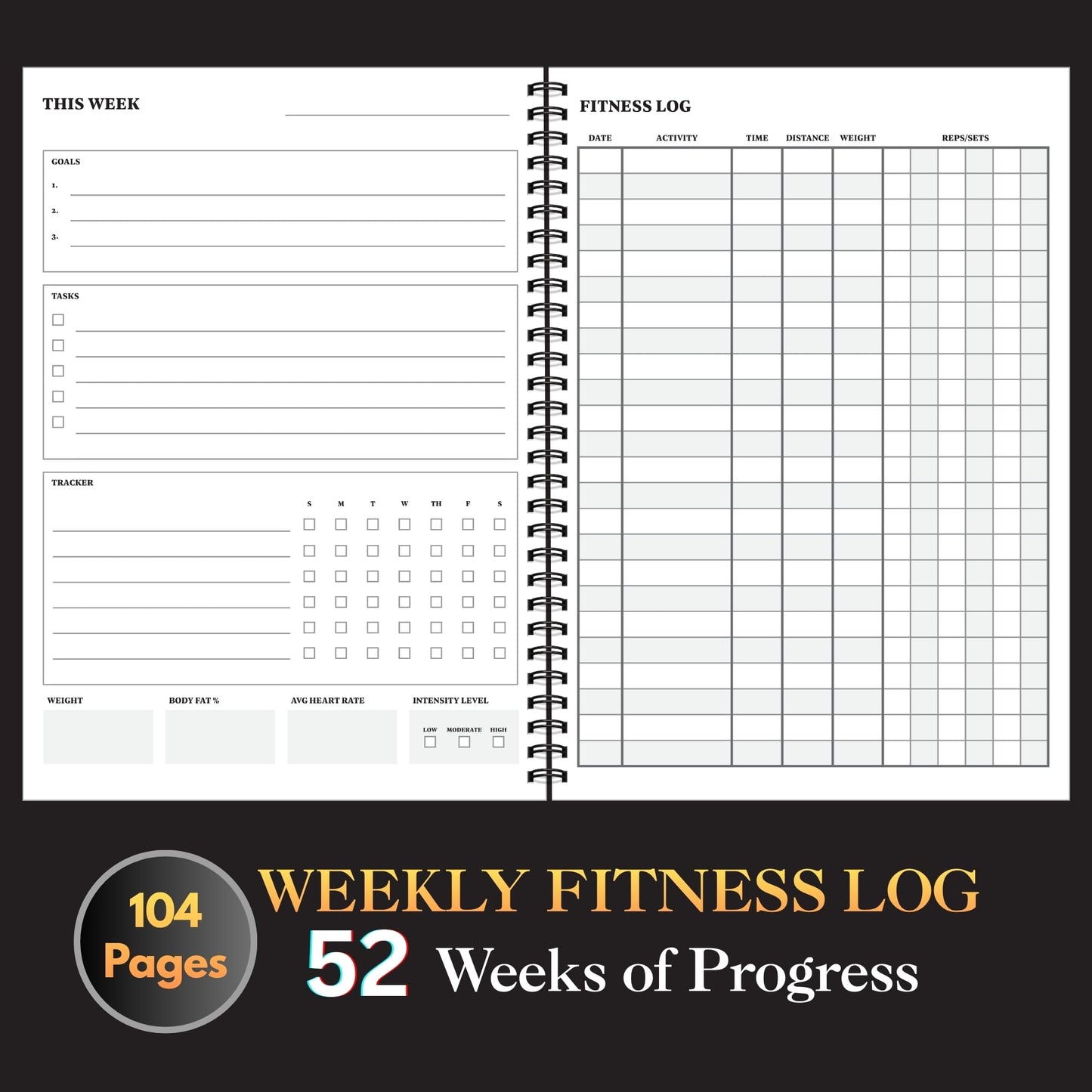Workout Journal for Men – Fitness Journal & Workout Logbook, Gym Fitness Planner Journal with 52 Weeks of Tracking - Exercise Book for Weight Loss & Training – 8.2 x 6 inches – Spiral Hard-Cover - Black