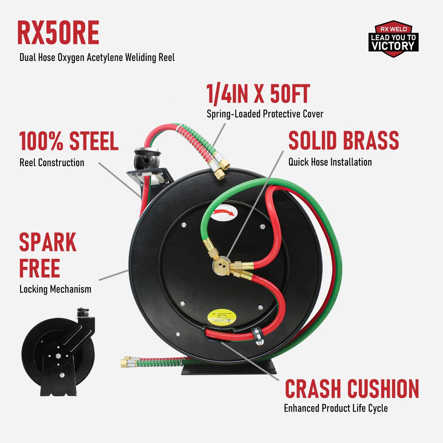 RX WELD Torch Hose Reel Auto-Rewind Retractable, with 1/4-Inch x 50 Feet with 9/16"-18 B Fittings Oxy Acetylene Hose