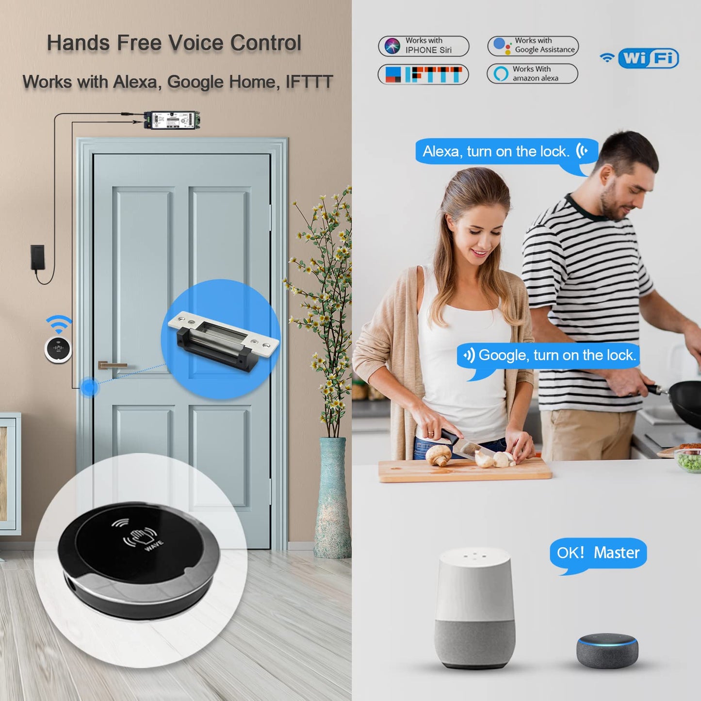 Olideauto Door Entry Locking System,Compatible with Alexa,Google,Phone App,Hand Free Door Access Control Kit,Smart WiFi Built in Receiver+Electric Strike+Touchless Wave Hand Sensor+FoB Keys