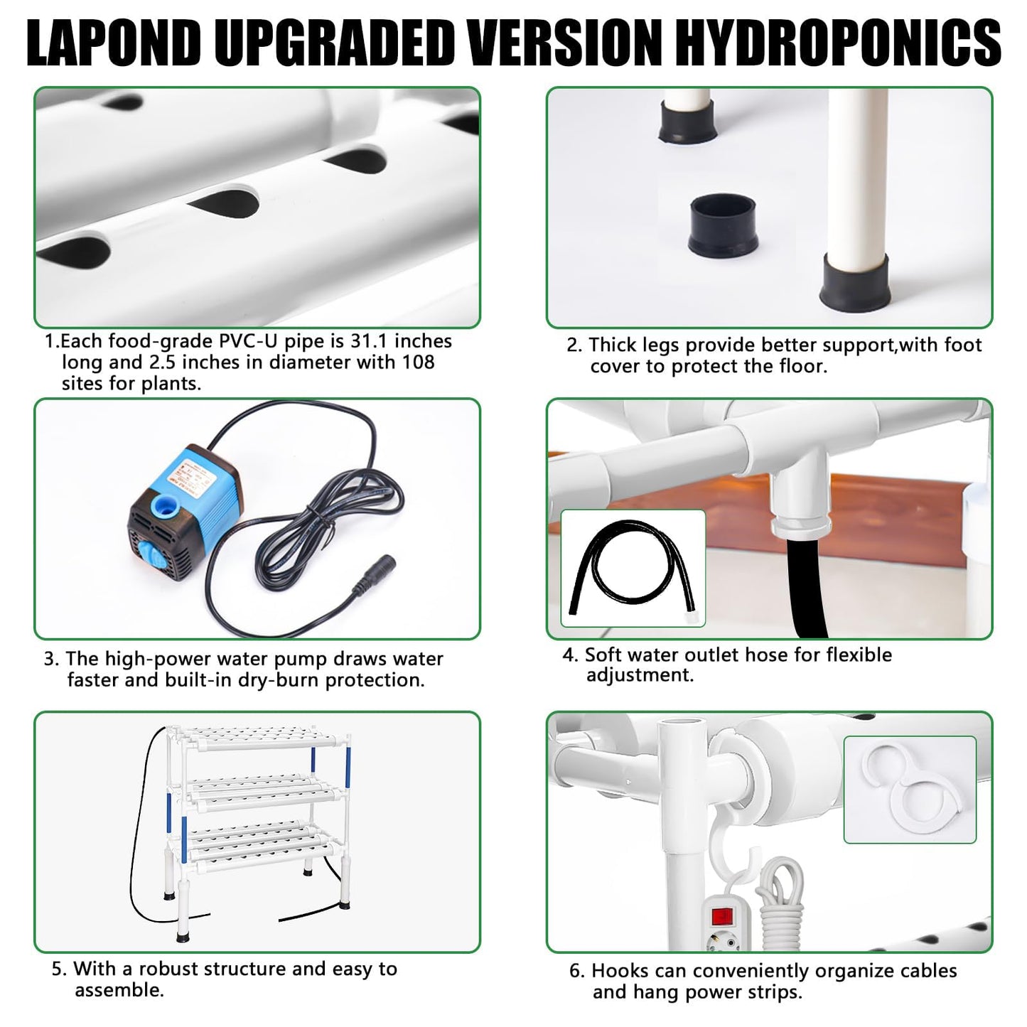 LAPOND Upgraded Hydroponics Growing System Kit 1058 Plant Sites with 7W 12V Submersible Pump and Timer
