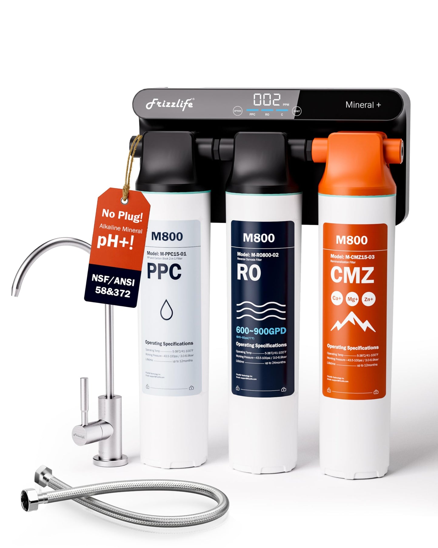 Frizzlife M800 Non-Electric Tankless Reverse Osmosis Water Filter, up to 900GPD Alkaline Mineralized RO Water Filtration System, Huge Filter with Auto Flush, NSF/ANSI 58&372, 4:1 Pure to Drain