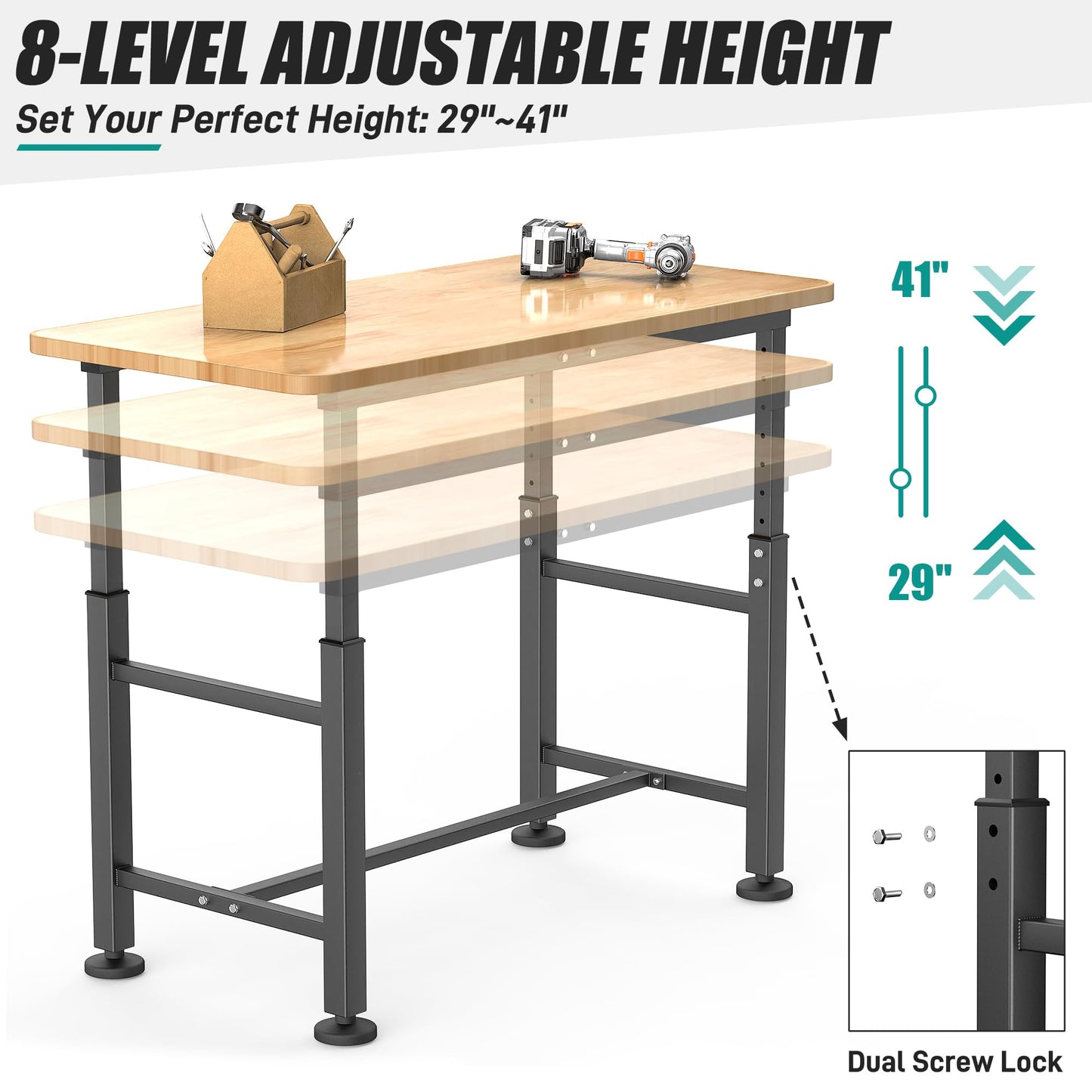 EVERHANGER Workbench for Garage, Adjustable Height Work Table, Heavy Duty Rubber Wood Top Workstation for Workshop, 47.5 x 23.5 Inch