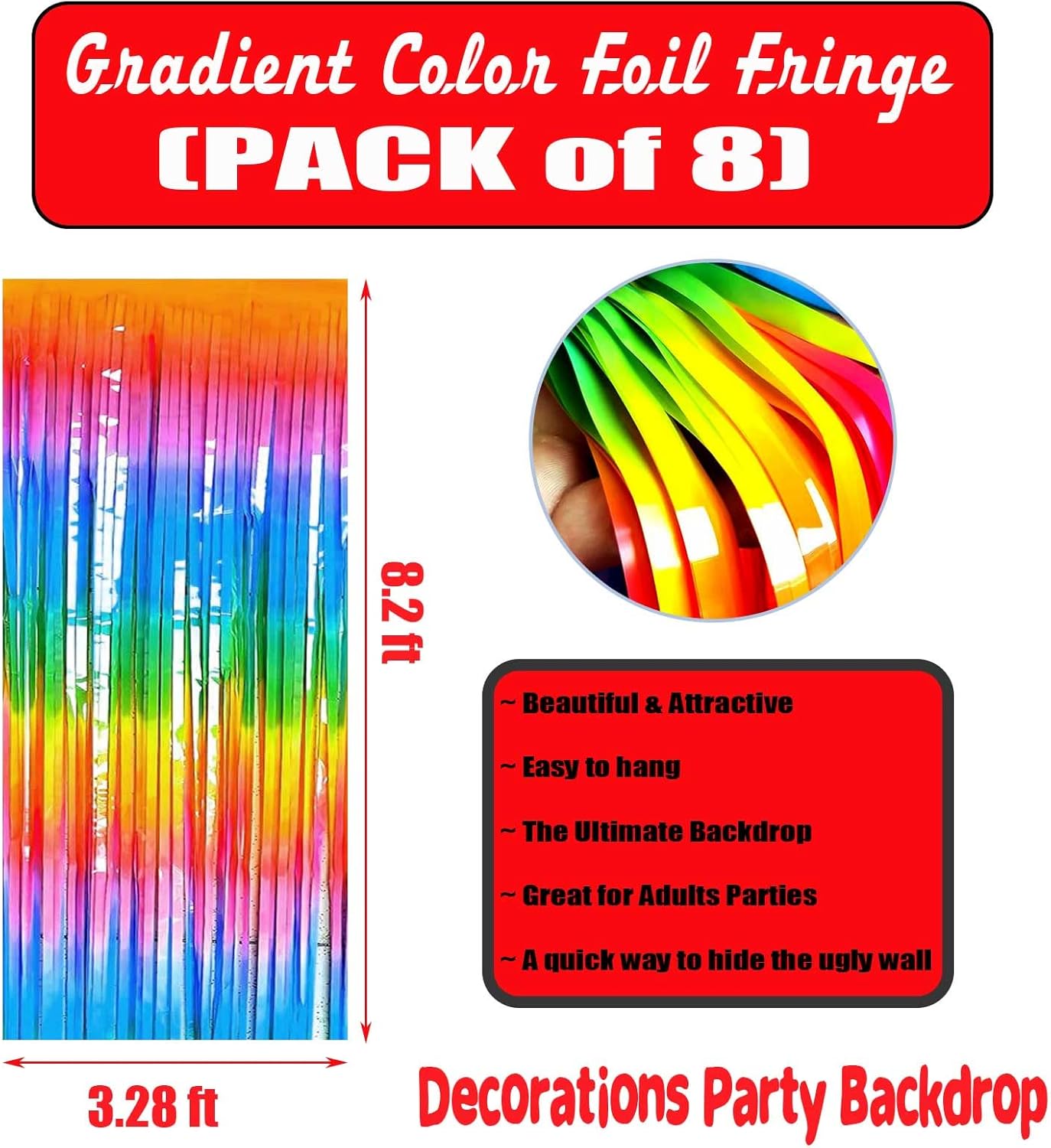 Rainbow Tinsel Foil Fringe Curtain Backdrop by [Brand Name] - 8 Pack Metallic Streamers for Parties | 3.28Ft x 8.2Ft