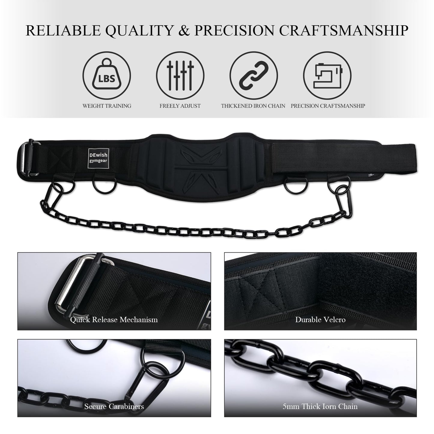 2-in-1 Weightlifting Belt & Dip Belt with 41 IN Steel Chain for Pull Up,Added Weight Training (Black, XL(40"-43"))