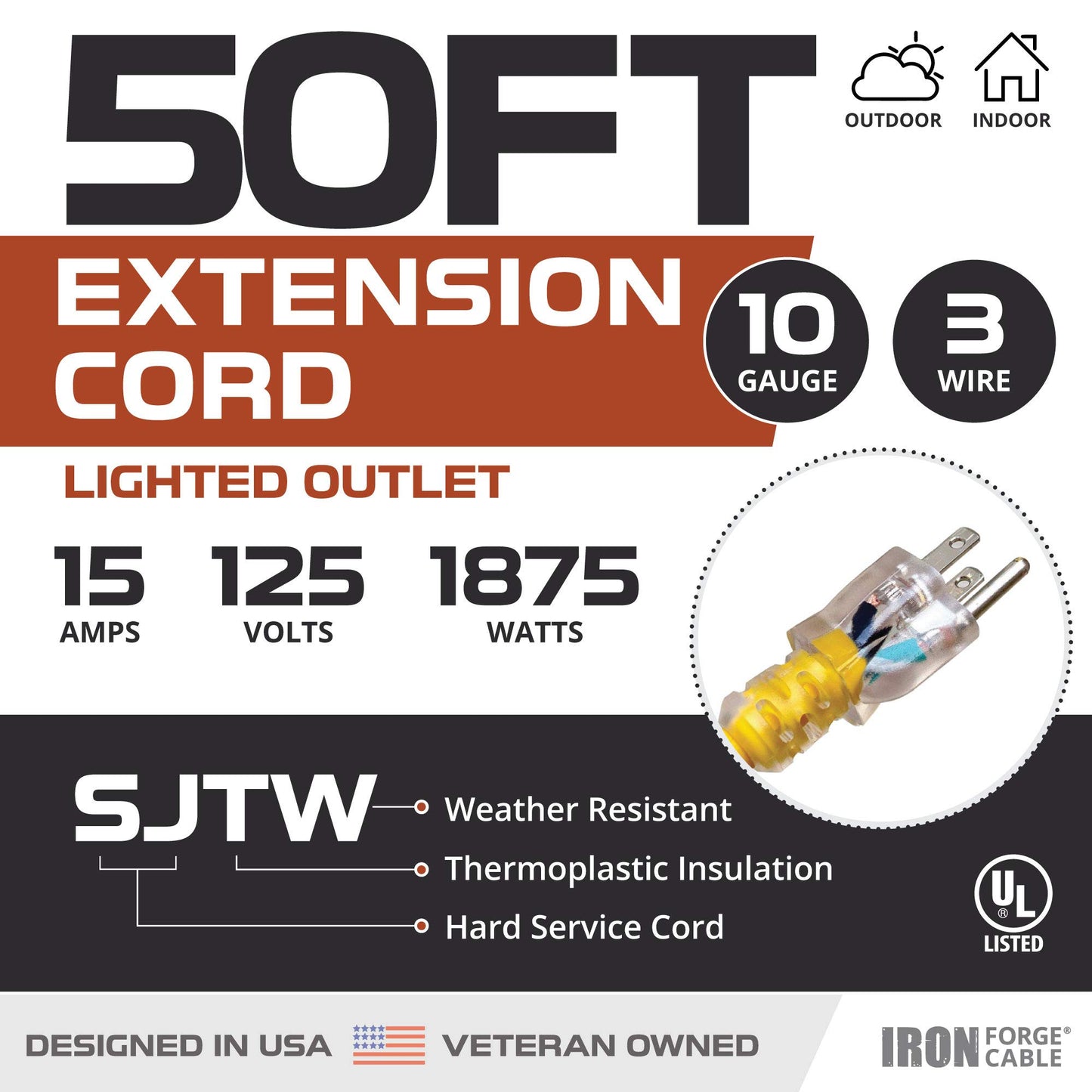 Iron Forge Cable 10 AWG Extension Cord 50 ft with Heavy Duty Extension Cord Reel Metal Stand, Holds Up to 100 ft of Extension Cord - 3 Prong Yellow with Lighted Ends SJTW