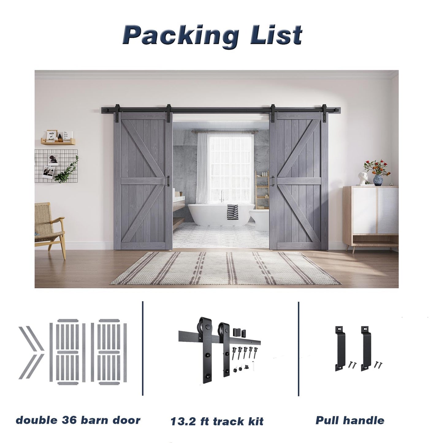 Fredbeck 36 Double Gray Barn Door with 13.2 ft Hardware Included (72 barn Door)