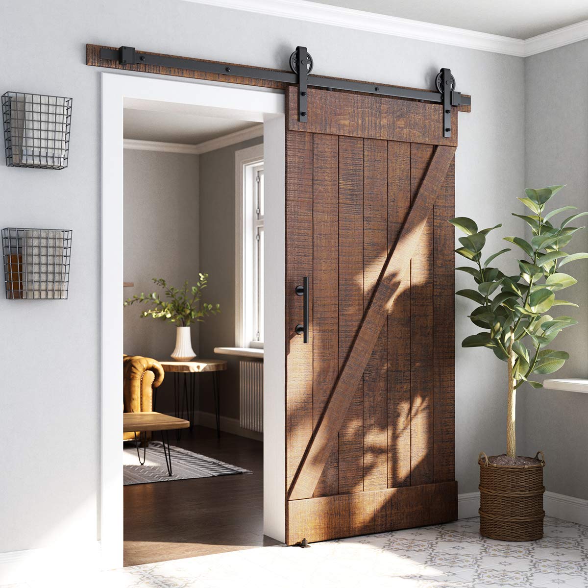 SMARTSTANDARD 6.6ft Heavy Duty Sliding Barn Door Hardware Kit, Black, (Whole Set Includes 1x Pull Handle Set & 1x Floor Guide) Fit 36"-40" Wide Door Panel (Big Industrial Wheel Hangers)