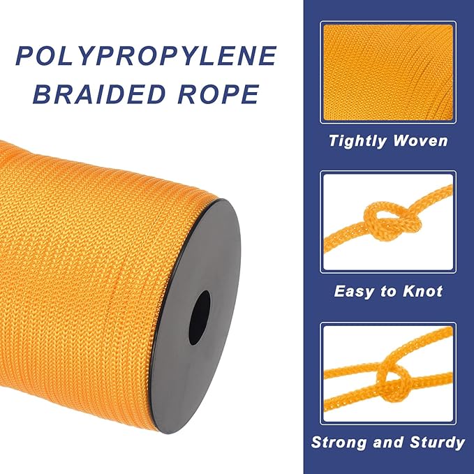 MECCANIXITY 5/32 Inch Polypropylene Rope Braided Ropes, 328ft Camping Rope Hollow Utility Cord for Clothesline, Hiking, Outdoor, Light Yellow