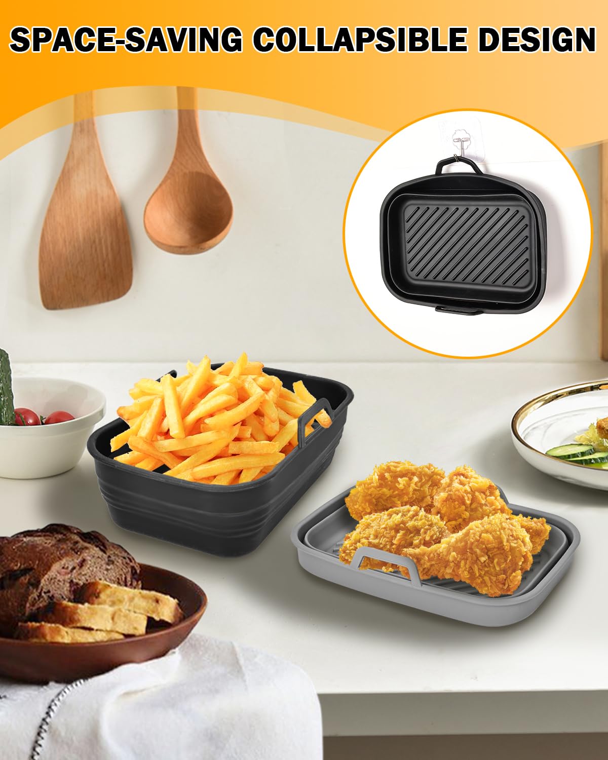 Air Fryer Silicone Liners Collapsible 2-Pack for bella 4Qt(3.3lb) Slim Air Fryer, Reusable Airfryer Silicone Pot Baking Basket Insert Accessories, Non Stick, Easy Cleaning, Gray+Black