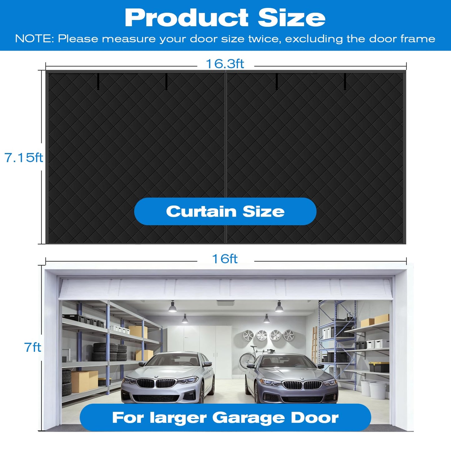 Magnetic Garage Door Curtain for Winter, 16x7ft Door Insulation Kit for Car Garage, Thermal Insulated Doorway Screen Cover Black Waterproof Windproof Thicken Polyester Oxford Fabric
