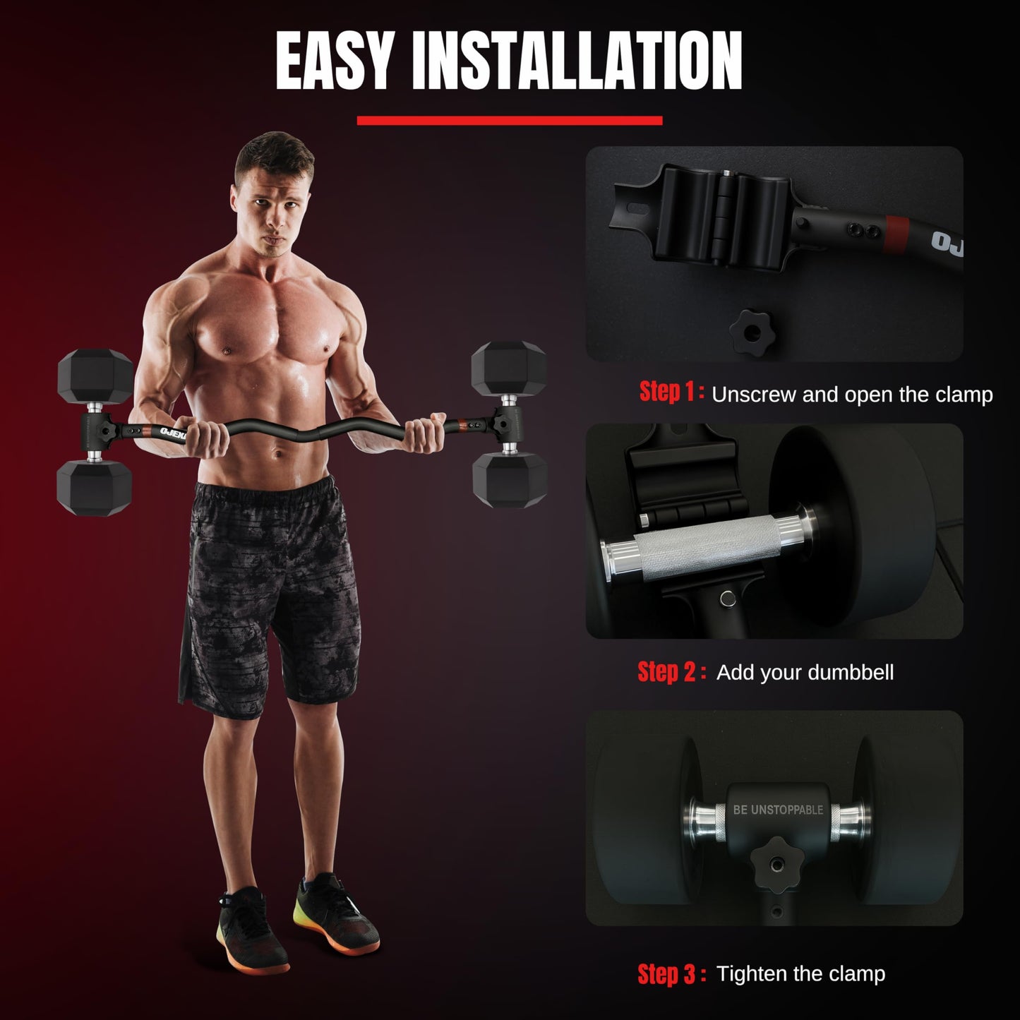 OJEXA Dumbbells to EZ Curl Barbell Converter Set, Adjustable Weights, 200 lb Capacity, Steel Clamp, Home Gym