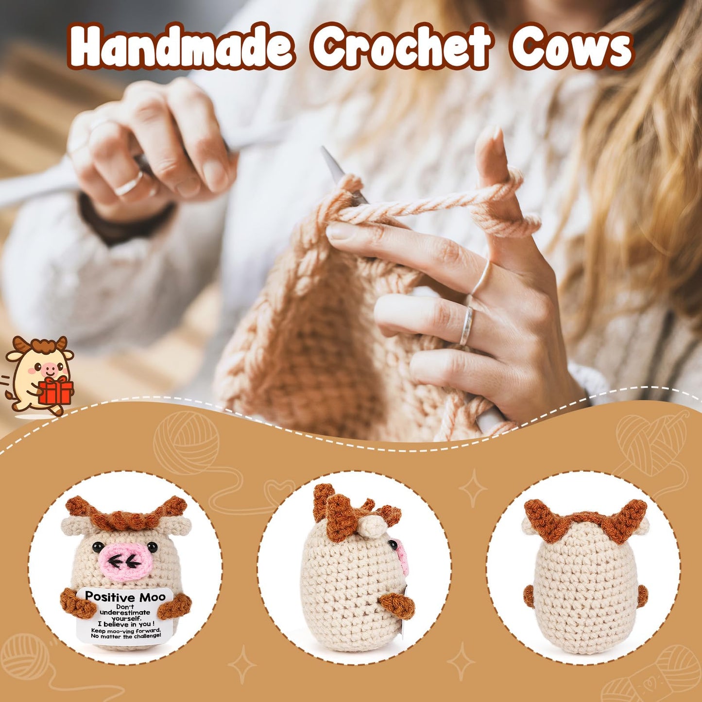 YUEYUQIU Positive Moo Easter Basket Essentials Stuffers for Teens Boy Girl Daughter Son, Easter Gifts for Kids Teenage - Handmade Crochet Cow Emotional Cheer Up Support Birthday Gift for Women Men