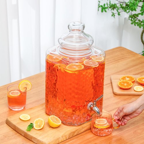 Honeydak 2.6 Gallon Glass Beverage Dispenser with Stand Stainless Steel Spigot Glass Lid Clear Iced Juice Container Leakproof Drink Dispenser Countertop Lemonade Water Jar for Wedding Party (2 Pack)