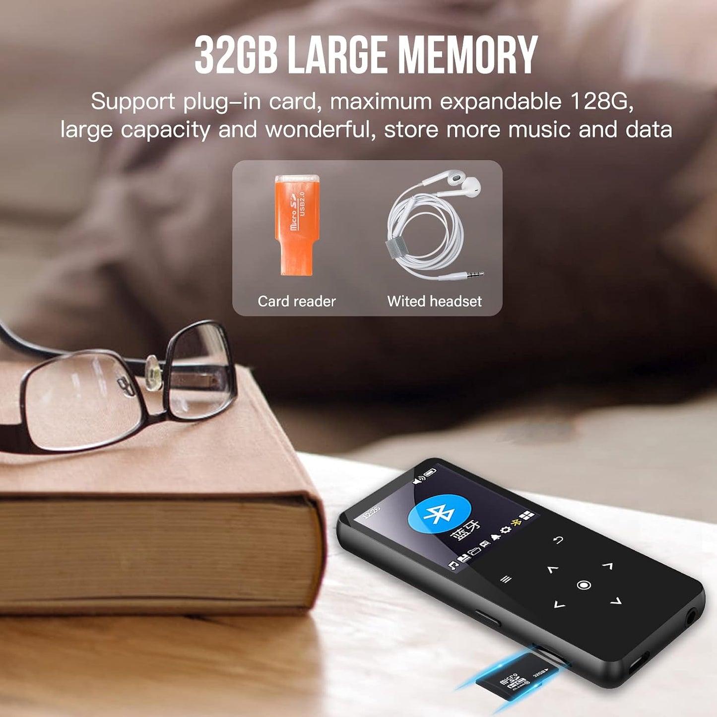 ANVOSCI 32GB MP3 5.0, MP3 Player with Bluetooth Music Player with Built-in HD Speaker for Kids Reproductor FM Radio
