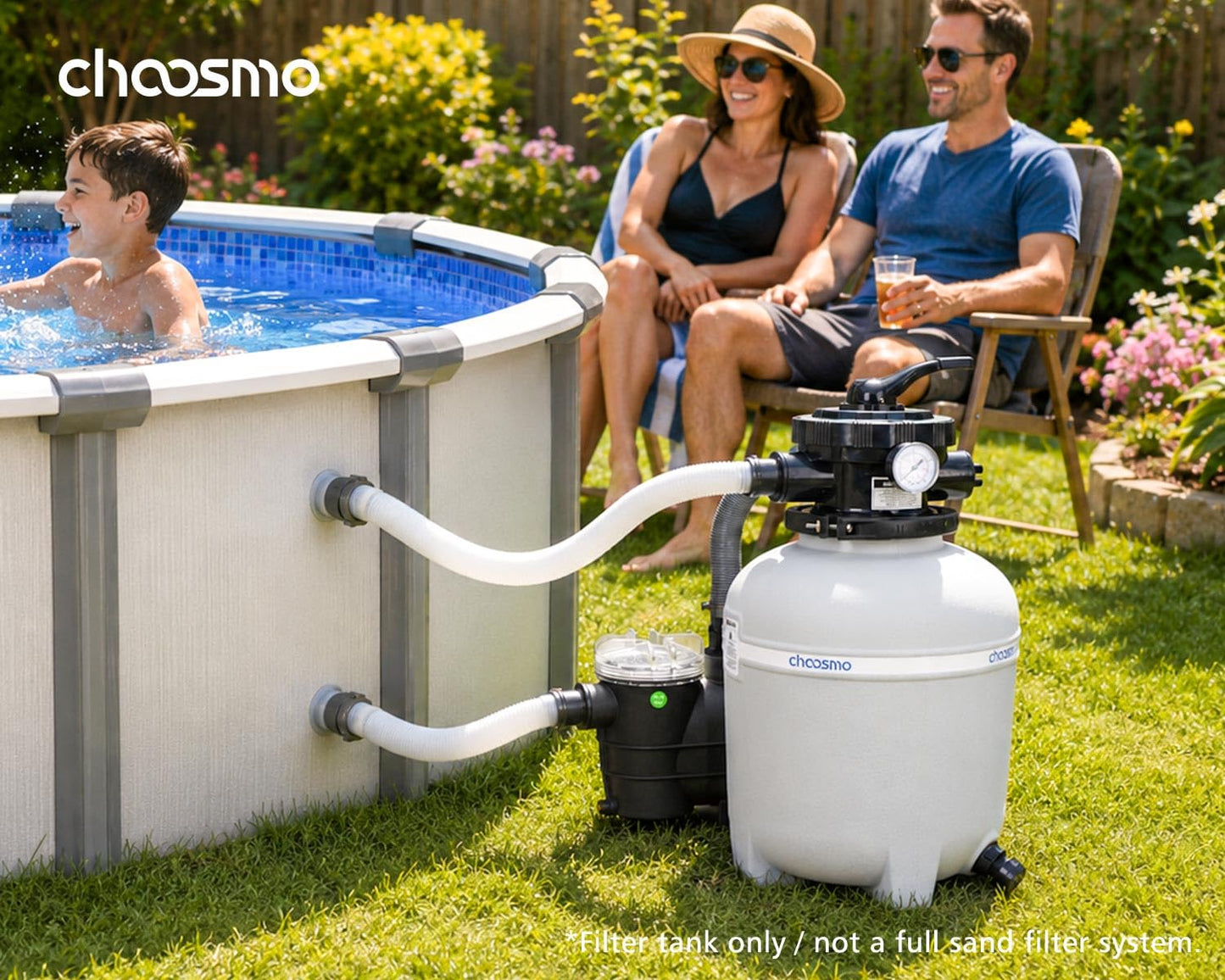 choosmo 14 Inch Pool Sand Filter Tank Replacement Kit with 6-Way Multi-Port Valve and 1.25/1.5 in Hose Adapters for Compatible Above Ground Sand Filter Systems, Pump Not Included