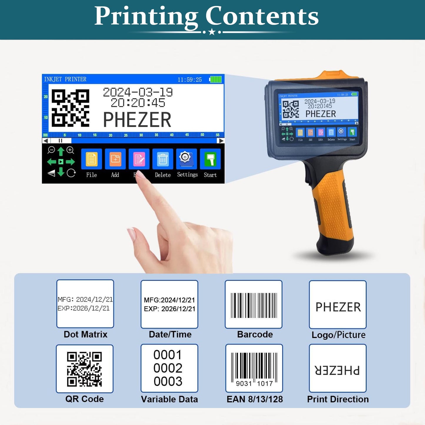 Phezer P19 Handheld Inkjet Printer for Any Surface, Portable 360° All-Round Coding Machine Print Height 2-12.7mm for Date/Time/Barcode/QR Code/Logo, with Cartridge(Anti-Slip Handle, Upgrade Version)