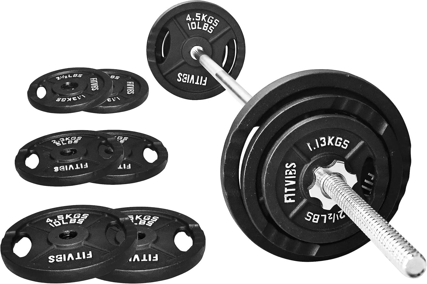 Fitvids 1 Inch Standard Barbell Weight Plates and Bar Set, 5 FT Barbell Bar and 35 LB(2.5-10 LB) Barbell Weight Set for Home Gym Strength Training, Double-grip Design