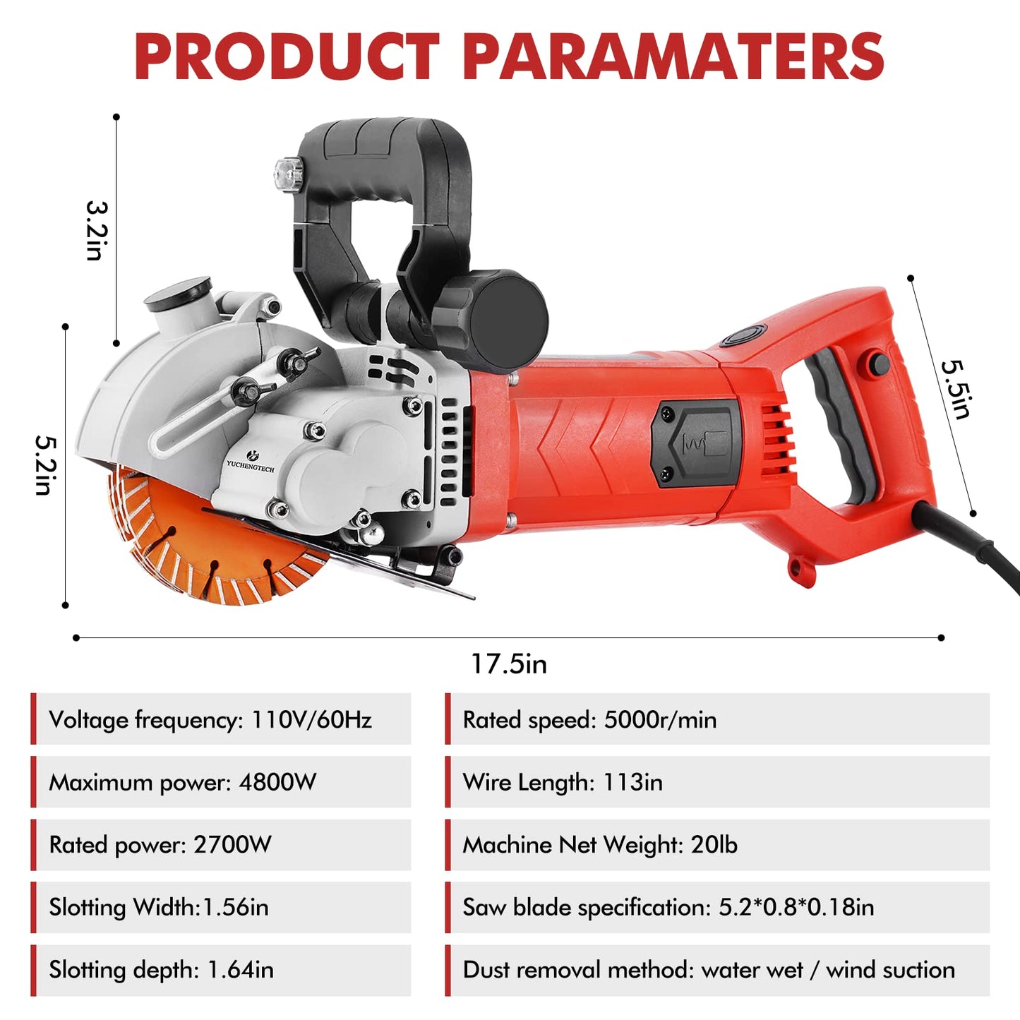 YUCHENGTECH 4800W Wall Groove Cutting Machine Chaser 110V Wall Chaser Cutting Machine Electric Wall Chaser Grooving Cutting Machine Wall Grooving Cutter Machine With Infrared Sighting Line