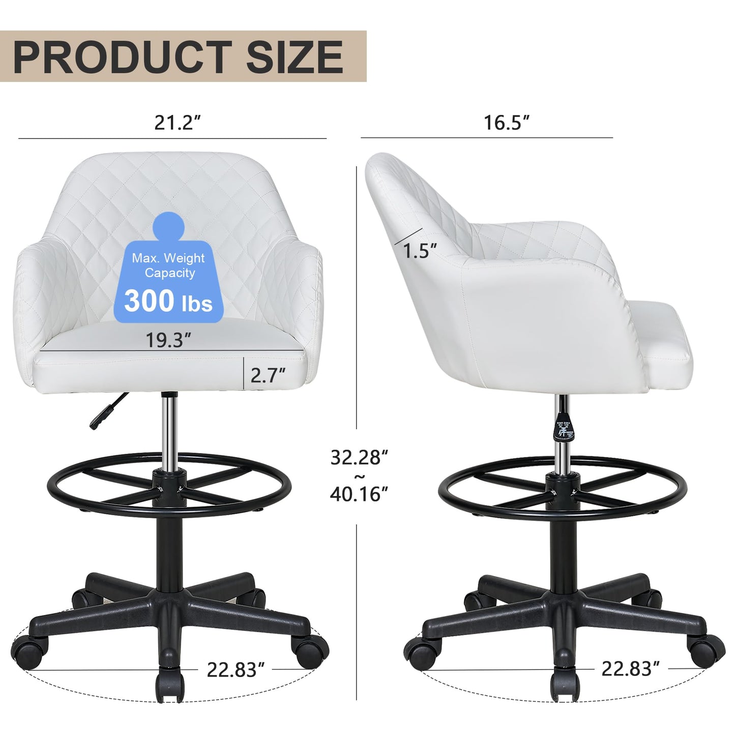 VECELO PU Leather Drafting Chair with Low Back and Footrest Ring, Height Adjustable, Swivel Rolling Wheels, for Drawing/Standing Desk/Office, White