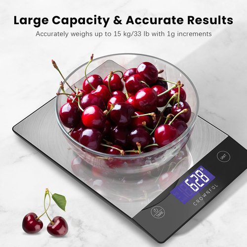 CROWNFUL Digital Kitchen Scale - 33lb Rechargeable 304 Stainless Steel | LCD Display for Accurate Meal Prep