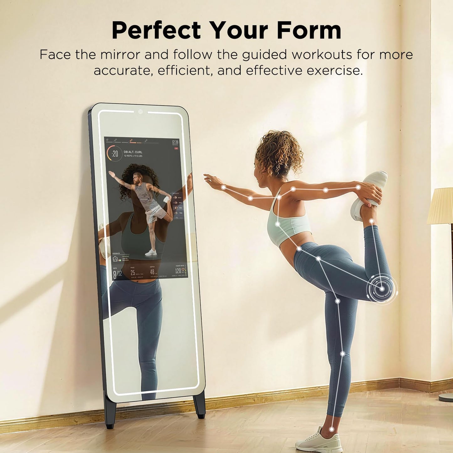 Smart Gym Mirror for Home Workouts, 32" HD Touchscreen with Android OS, 63" Full-Length Mirror, No Subscription Required, Fitness App Support, Voice Control & Music Sync LED Light Strip