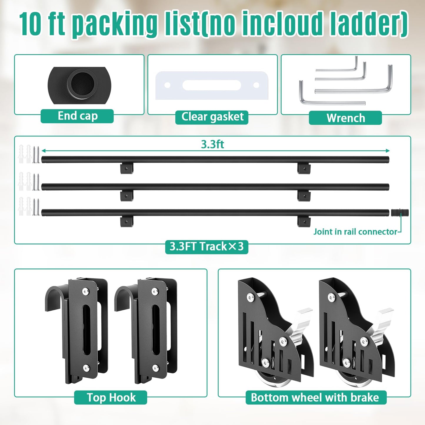 Zonon 10 ft Rolling Library Ladder Hardware Kit Includes Telescope Hook for Sliding Library Ladder 300lb Bottom Wheel with Brake Load Capacity for Stair Bookshelf Fit Thickness 1-1/8" Stepladder