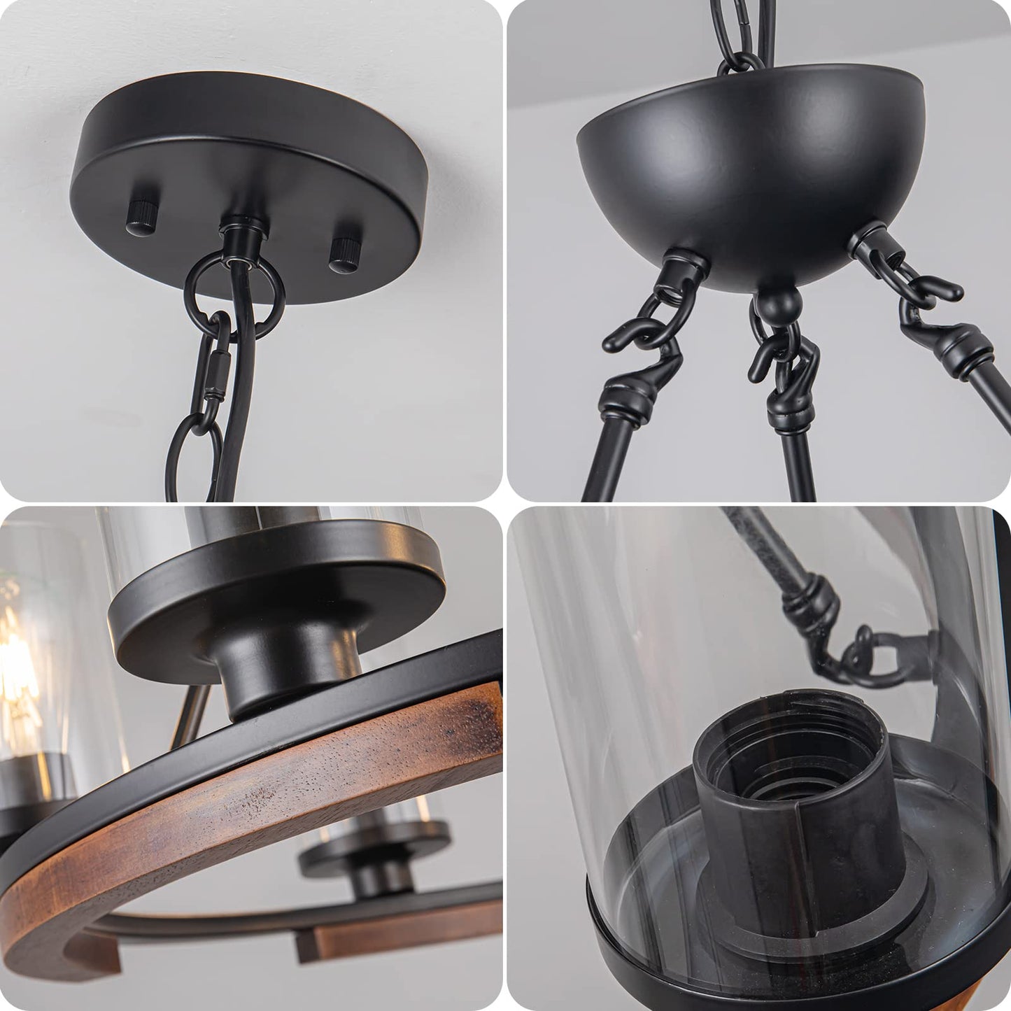 NSRCE 28-Inch Wagon Wheel Chandelier, 6-Light Farmhouse Dining Room Light Fixture Over Table, Round Matte Black Rustic Wood Ceiling Hanging Pendant Light with Clear Glass Shade