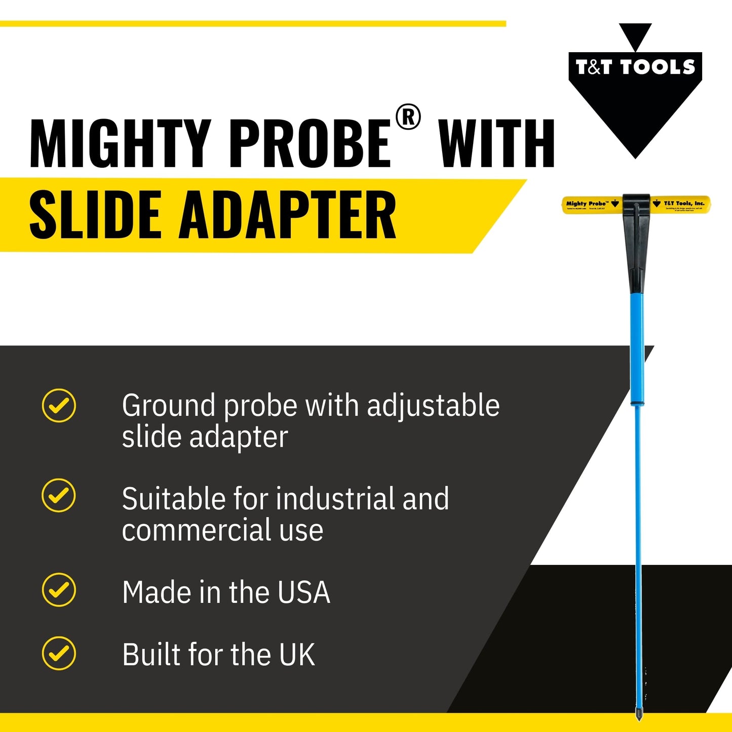 T&T Tools Mighty Probe With Slide Adapter - Mini Hammer Probe, Professional Soil Sampling Tool for Septic, Drainage, Landscaping and Utility Inspection, Durable 3/8 Metal Hex Rod, 50 Inch (127cm long)