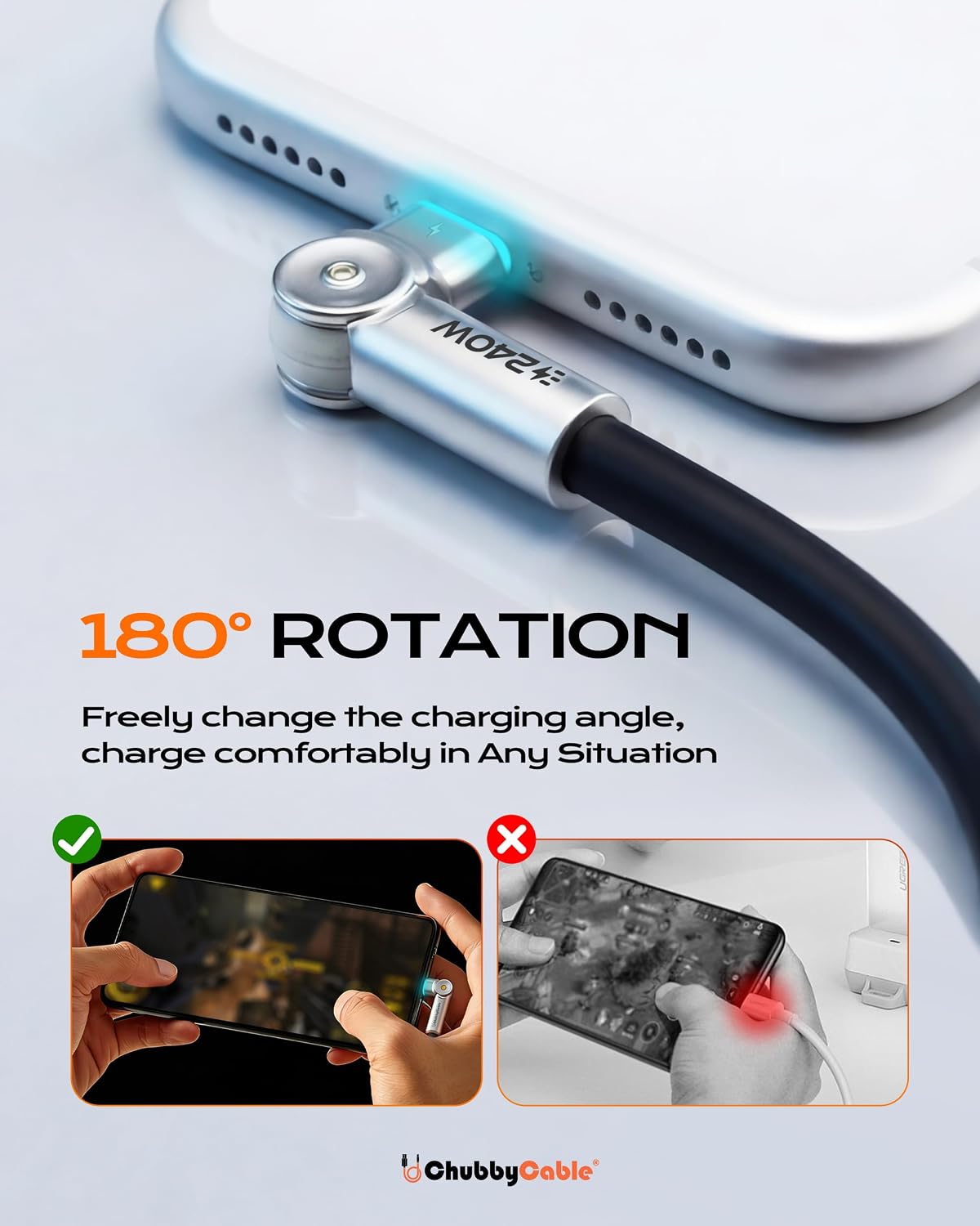 240W 180 3.3ft chubbycable Chubby RotateX Dual Rotating Fast Charging Cable with LED Light Soft Silicone USB C Cable