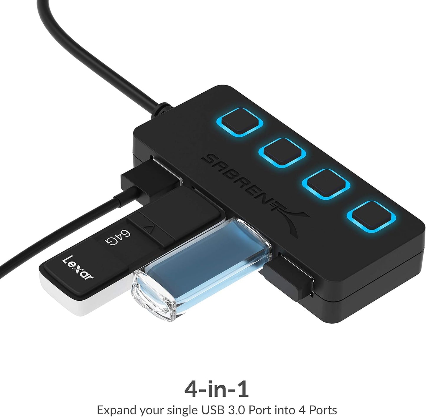 SABRENT 4-Port 3.0 2 (HB-UM43) USB Hub with Individual LED Power Switches - Slim, Portable Design - Ft Cable - Fast