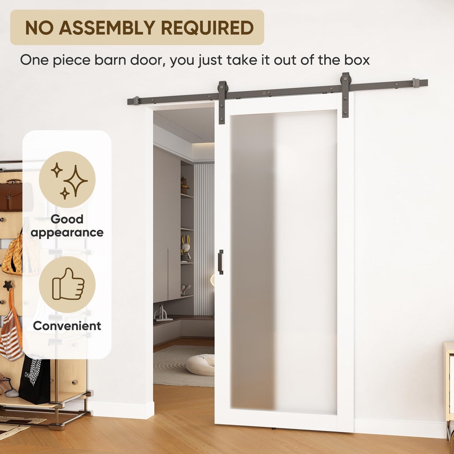 BARNSMITH 36in x 80in 1-Lite Frosted Glass White Barn Door with 6.6FT Sliding Door Hardware Kit Included, Tempered Glass Solid Wood Barn Door Water-Proof PVC Surface,No Assembly Required