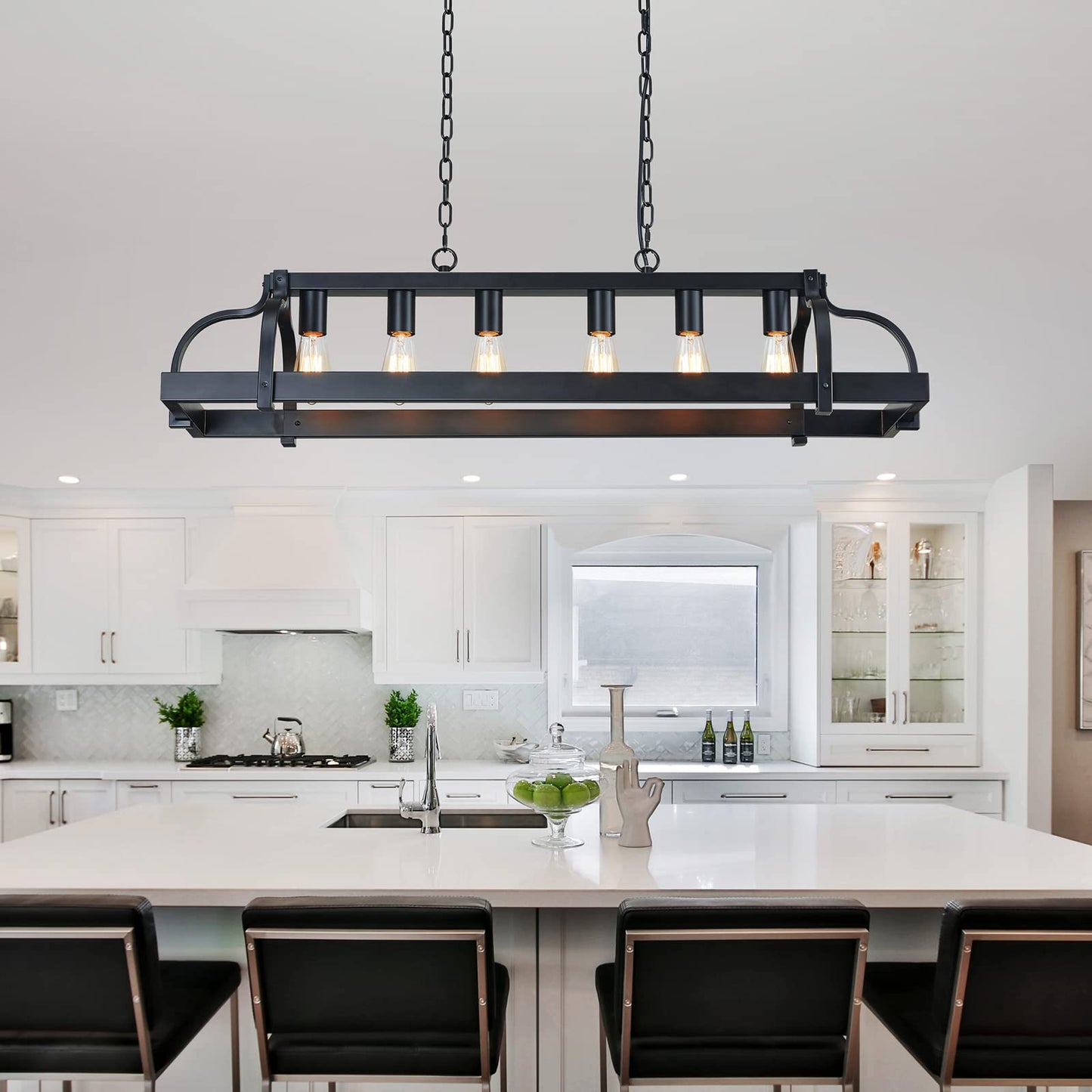 WUZUPS 6-Light Metal Pot Hanging Rack Chandelier Linear Pendant Ceiling Lighting Rustic Farmhouse Fixture Kitchen Island Dining Room, H 9.8" L 40.6" W11.8, E26 Base, Black
