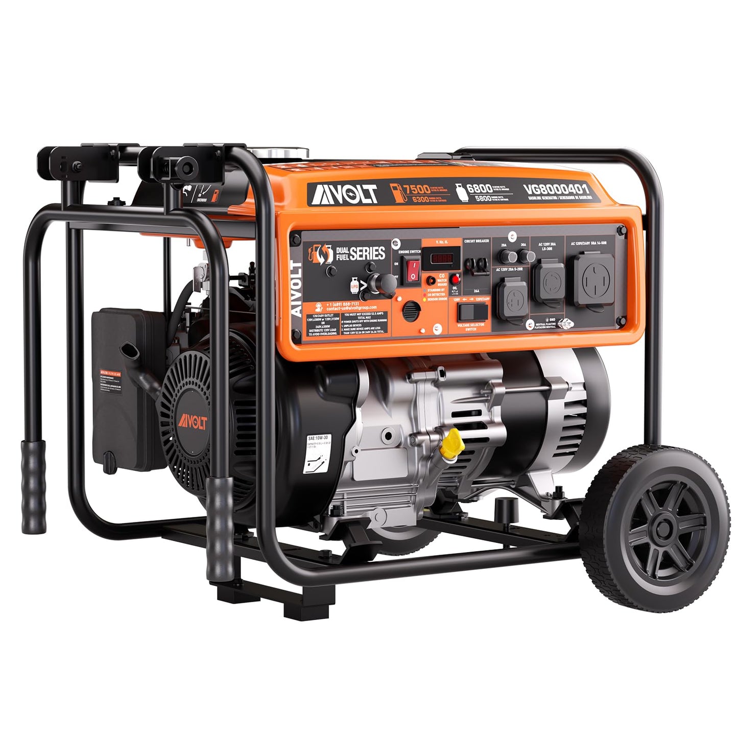 AIVOLT Generator 7500 Watt Dual Fuel Portable Generator with Wheels, Gas and Propane Powered, 50A RV Ready, CO Sensor, 4-Stroke OHV Air Cooled Engine, EPA-PGMA300 Compliant
