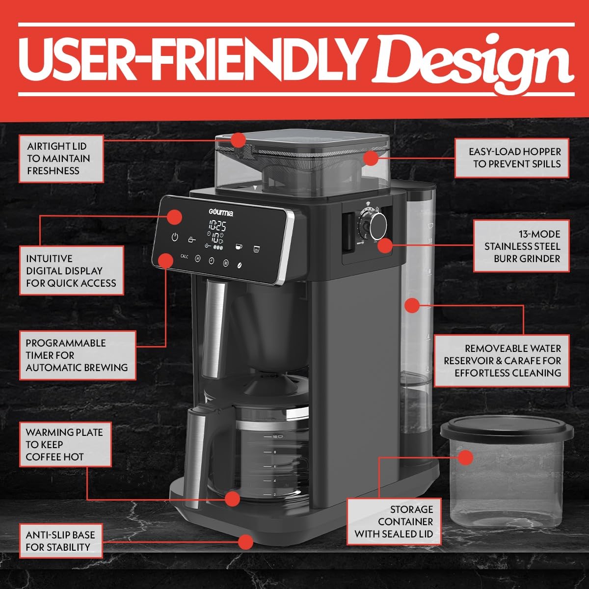 Gourmia 10 Cup Grind & Brew Coffee Maker - Built-In Burr Grinder, 3 Brew Strengths, Programmable Digital Display, Pause & Serve, Keep Warm, Auto Shut Off, Black