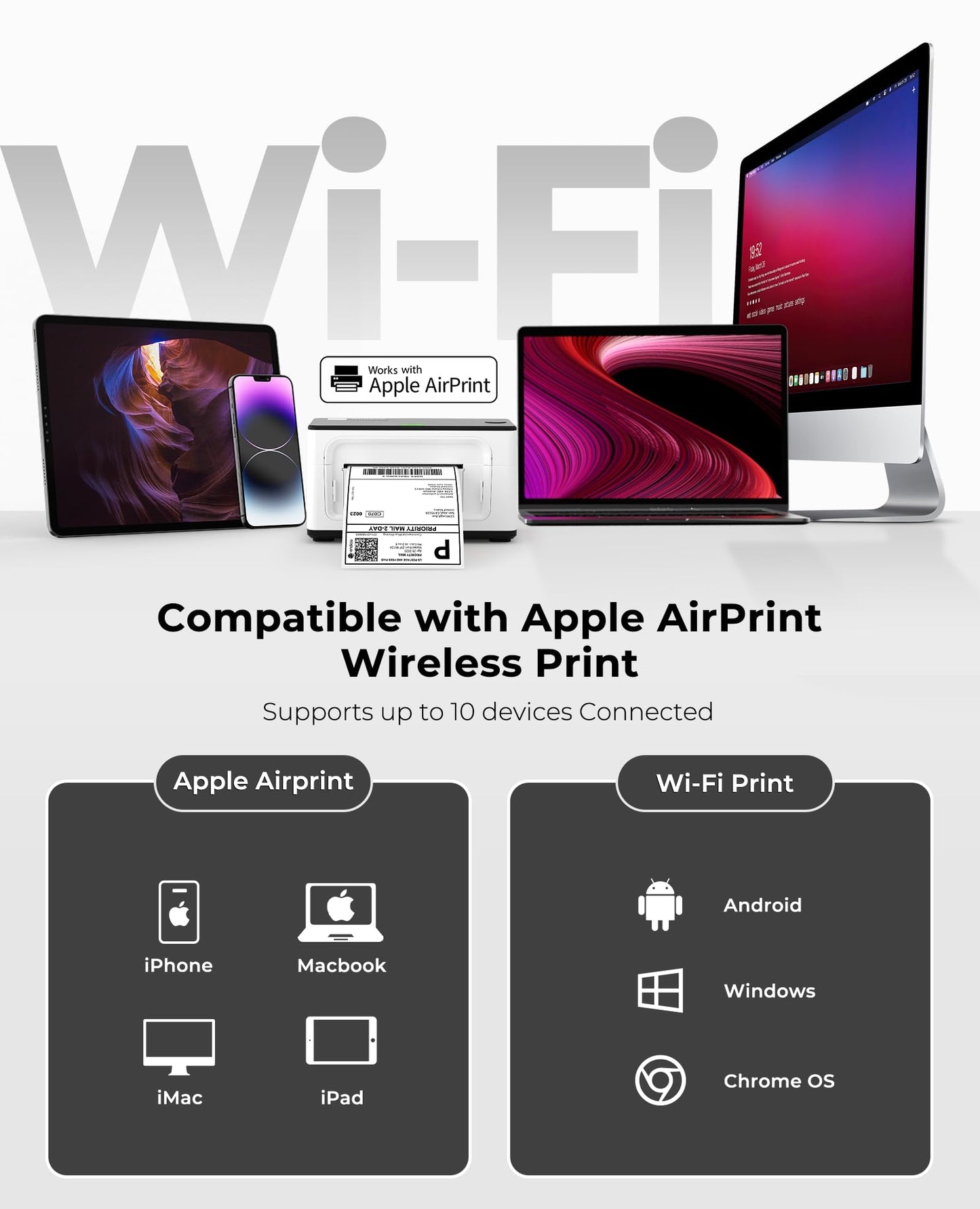 MUNBYN Wireless Wi-Fi Thermal Printer Shipping Label Printer, Compatible with AirPrint iPhone, iPad, MacOS, Android Windows Suit for Small Business,No Ink, Fast & Clear Printing