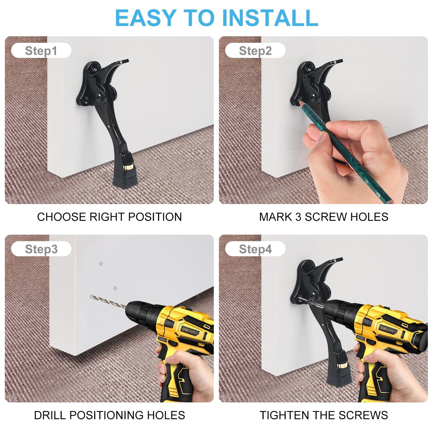 Black Kick Down Door Stoppers for Bottom of Door, Heavy Duty Kickdown Door Stop, Adjustable Door Stoppers, One Touch Kick Down Stopper (4 Inch x 1 Pack)