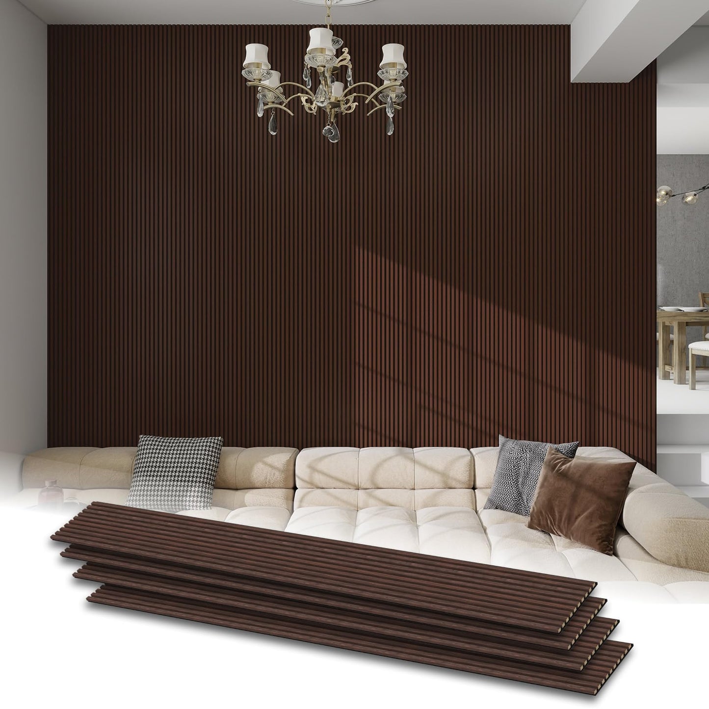 RODENET Soundproof 3D Slat Wall Panels 4-PACK 94.5"x11.8" MDF Acoustic Panels with Realistic Wood Grain for Noise Reducing Decor(DARK WALNUT)