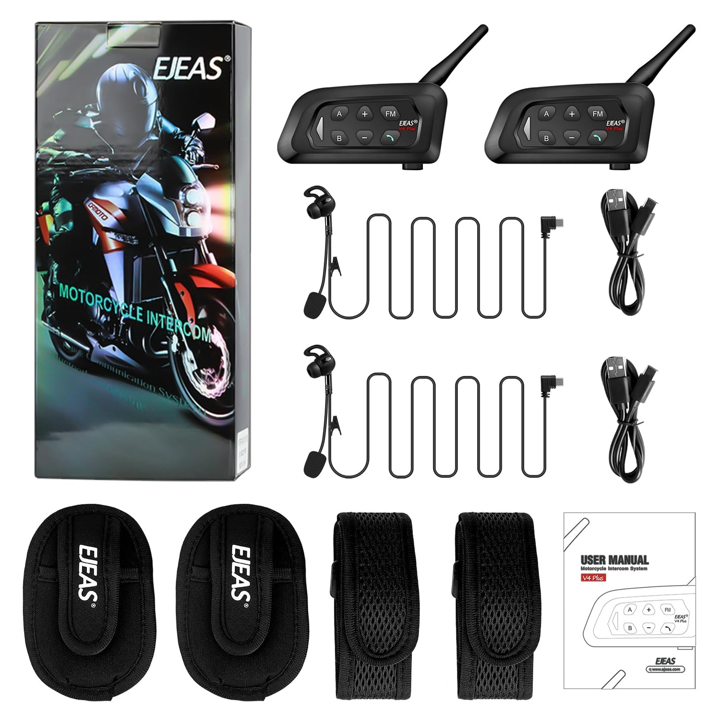 EJEAS V4C Plus Professional Referee Intercom, Bluetooth 5.1 Referee Communication System with FM Radio Function for Football and Handball Sports, Support 2 to 4 People Group Talking (2 Pack)