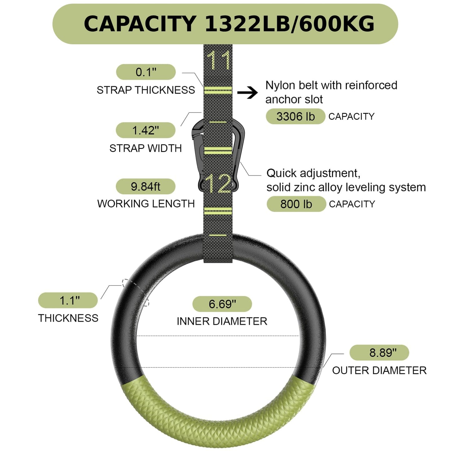 QUOLIX Gymnastic Rings & Olympic Rings with Adjustable Straps, Non-Slip Pull Up Rings with Straps, 1300lbs Exercise Rings for Home, Gymnastics Rings for Home Gym, Workout, Exercise, Calisthenic