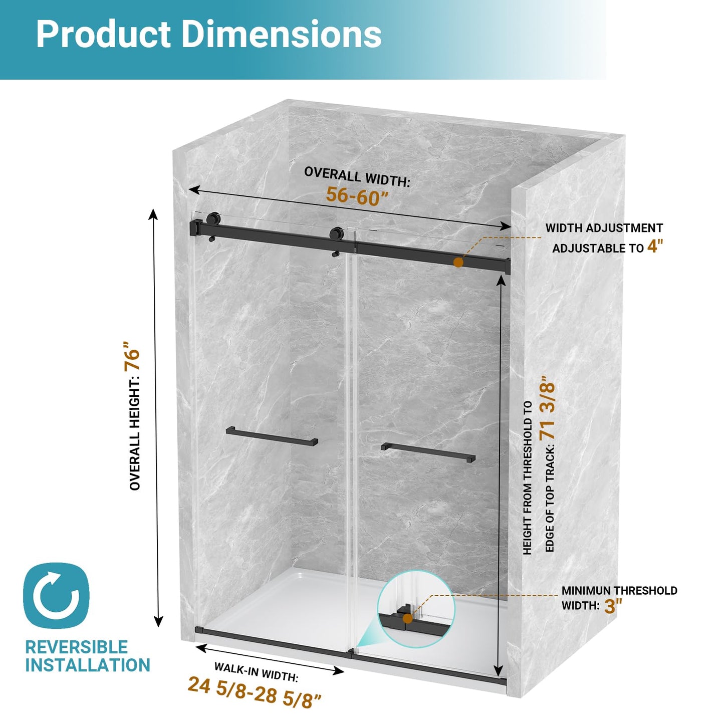 BATHWILLER 56"-60" W x 76" H Double Sliding Shower Door, 3/8" (10mm) Clear Tempered Glass Frameless Shower Door with Nano Easy Clean Coating, Stainless Steel Hardware, Matte Black