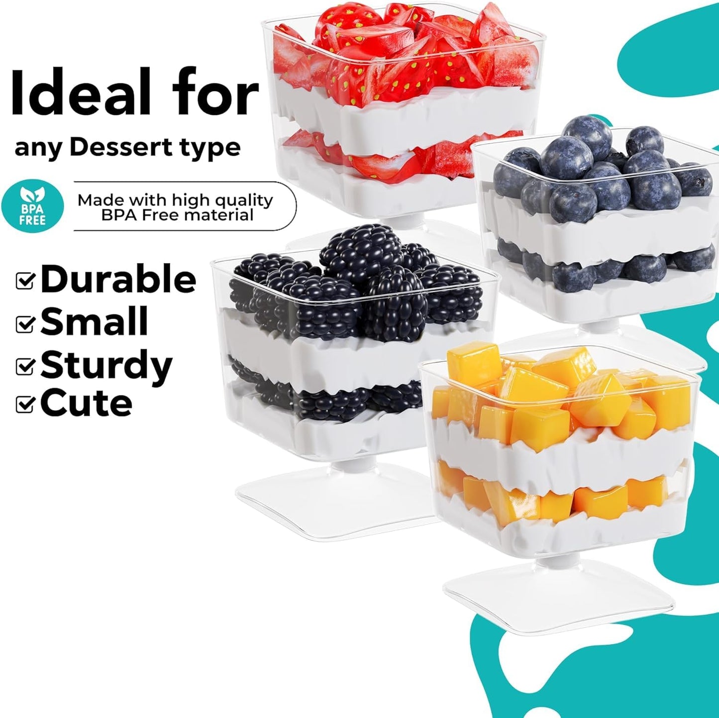 Exquisite Mini Dessert Cups With Spoons 200 Pcs - 2 Oz Square Clear Plastic Pudding Cups Disposable With Tasting Spoons 100 Sets | Mini Parfait Cup | Appetizer Cup For Party & Events