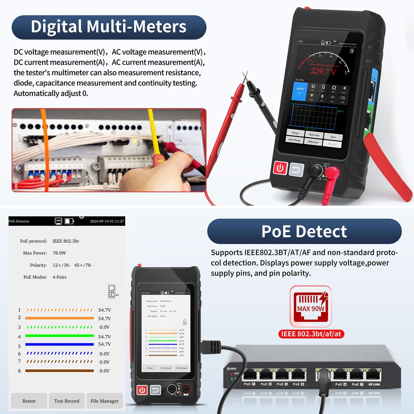 Multifunction Network Caber Tester,UTP Ethernet Cable Tester,Cable Tracer,4" IPS Touch Screen Network Tester Support DMM,OPM,Network Tools,POE++ Detect,RJ45 TDR,Length,FTP,NCV,IP/LLDP/CDP/PD/PPPOE