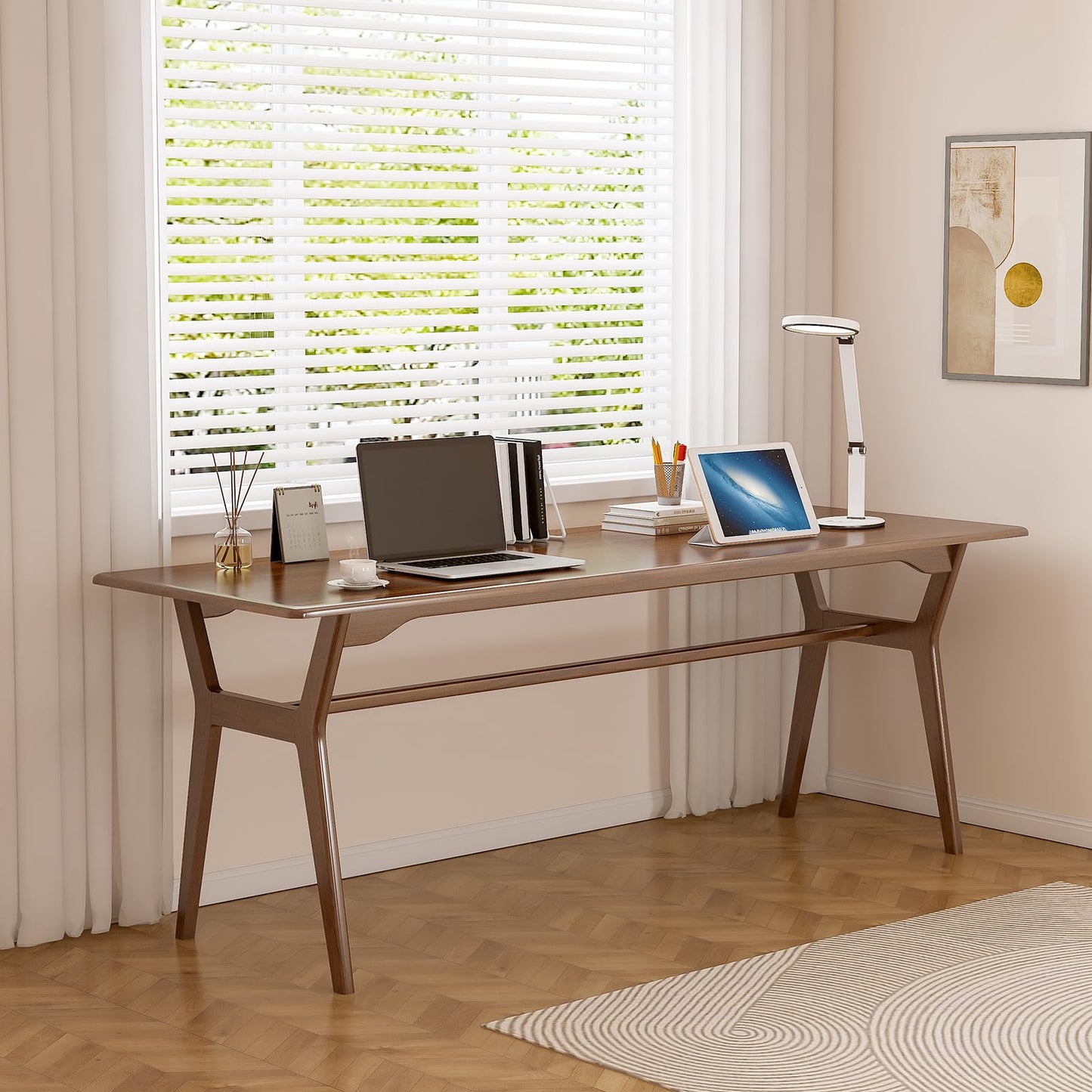 OSCHF Solid Wood Study Desk - 71" Double Long Computer Table for Home Office, 2-Person PC Workstation, Walnut