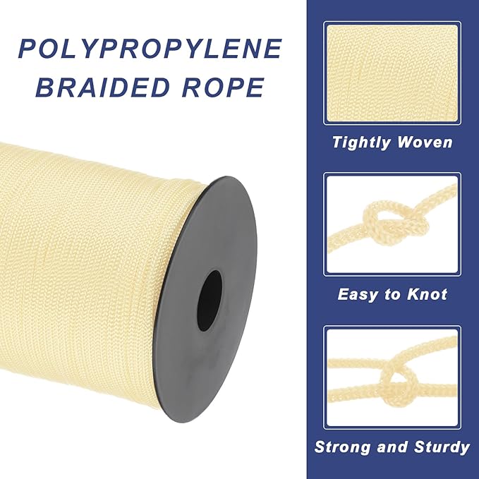 MECCANIXITY 1/8 Inch Polypropylene Rope Braided Ropes, 328ft Nylon Rope Hollow Utility Cord for Clothesline, Camping, Hiking, Outdoor, Beige