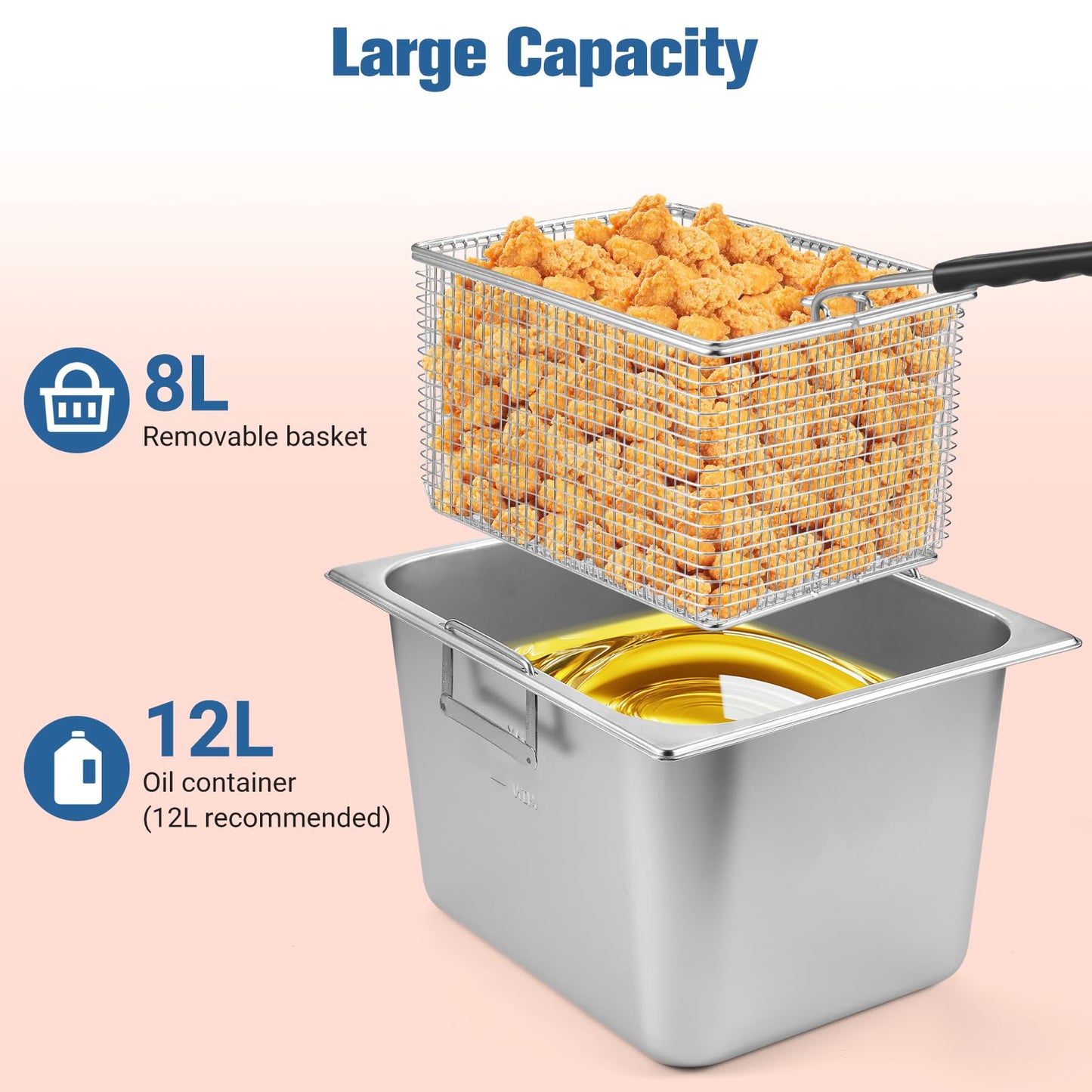 12L Commercial Deep Fryer,1800W Deep Fryer with Basket,Adjustable Temperature,Lid,Stainless Steel Body DeepFryer Pot,Electric Coumtertop Fryer for Commercial Restaurant Home Use